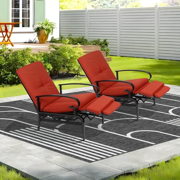 Suncrown Outdoor Recliner Adjustable Metal Chaise Lounge with Removable Cushions, Set of 2 Red