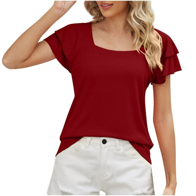 Plebaso Hauts d'Été pour Femmes Col Carré Manches Courtes à Volants T-Shirts Blouses Décontractées Amples pour Femmes