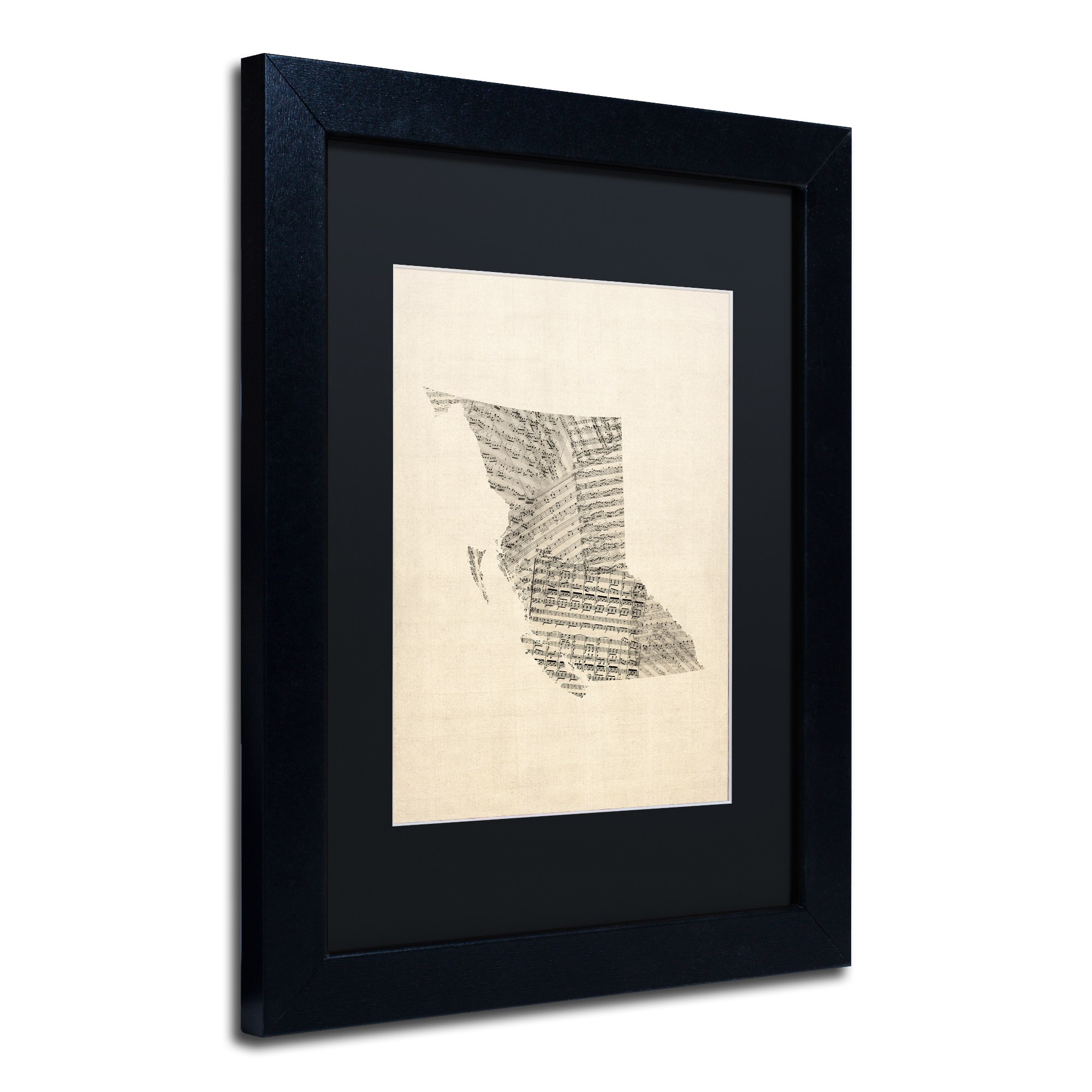 Trademark Fine Art "Sheet Music Map British Columbia" Canvas Art by Michael Tompsett Black Matte, Black Frame