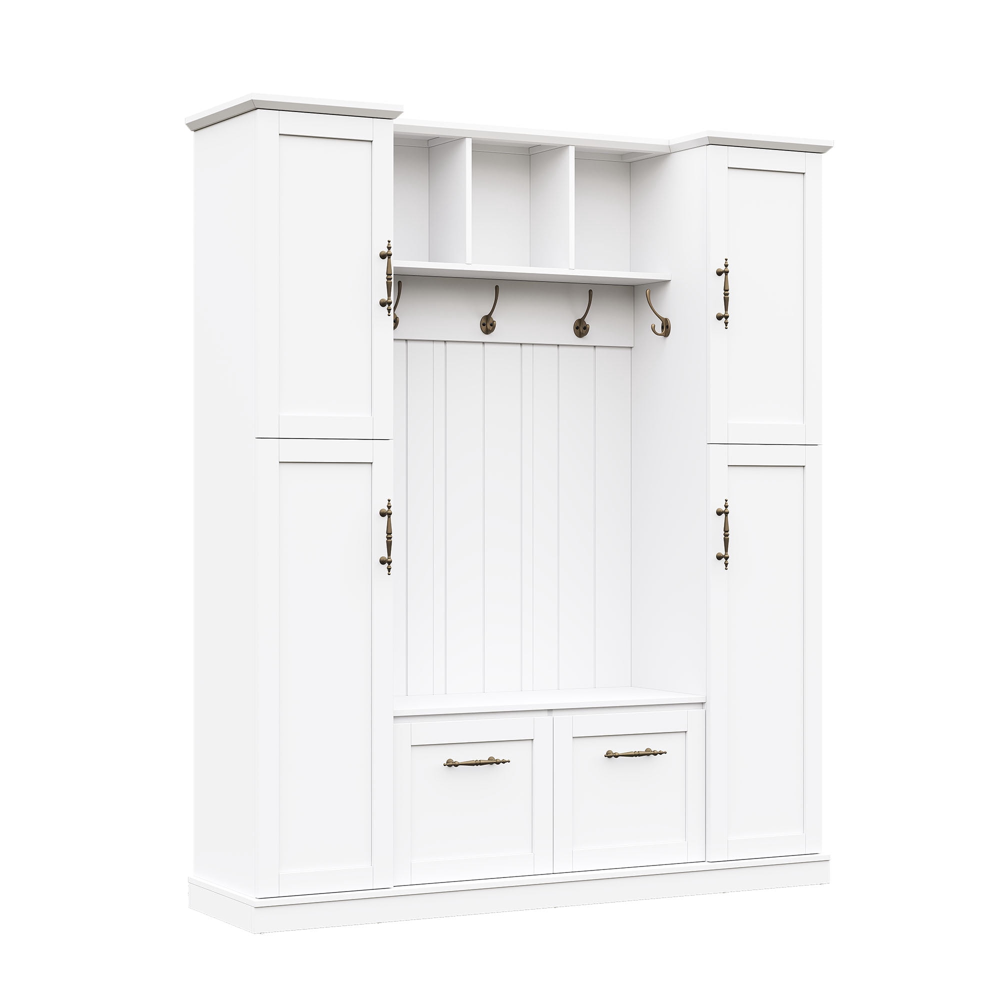 Homy Casa 60" Farmhouse Hall Tree with Built-in Bench, Coat Rack, 5 Hooks & Cabinets, White