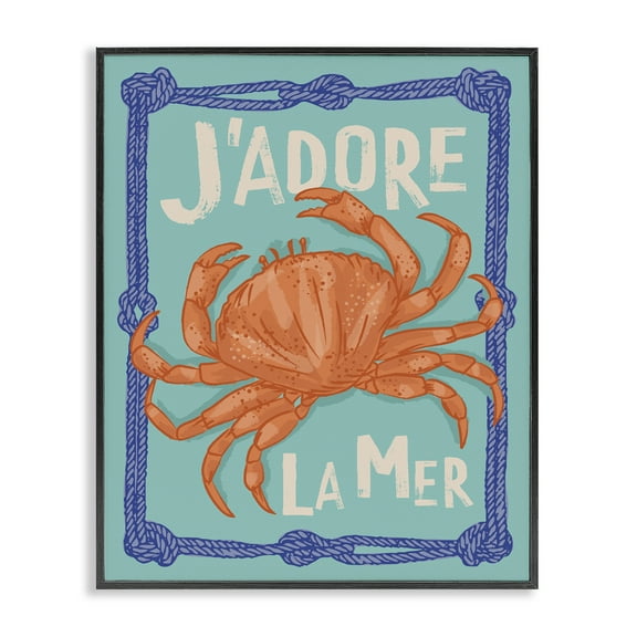 Stupell Industries J'adore La Mer Crab Animals Painting Black Framed Art Print Wall Art, 11 x 14