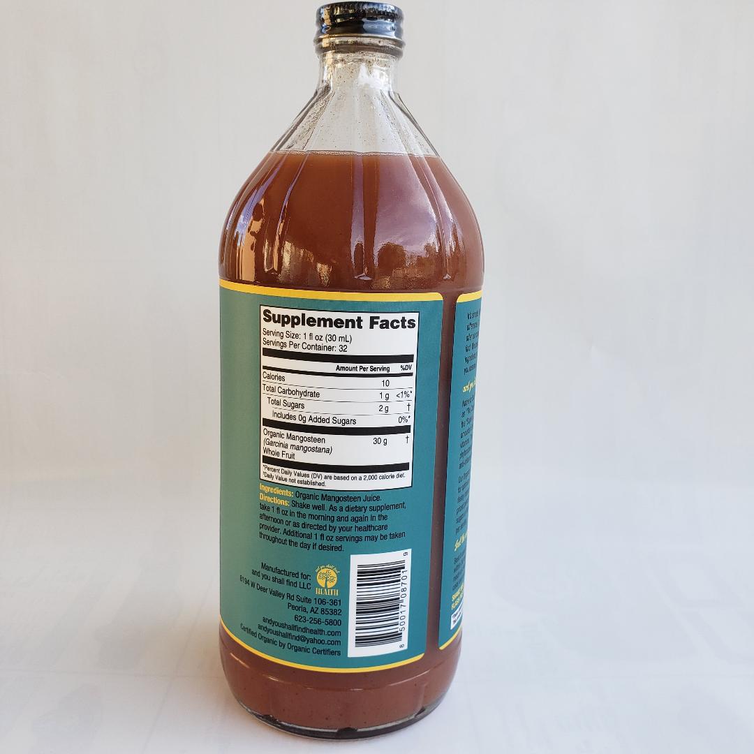 Organic Only MANGOSTEEN 100 % Pure Juice 32oz (1qt) Xanthone, Pericarp, Vitamin & Antioxidant Rich Liquid Fruit Puree 30g of Whole Super Fruit Per Serving Gluten-Free, Vegan, Non GMO in GLASS Bottle
