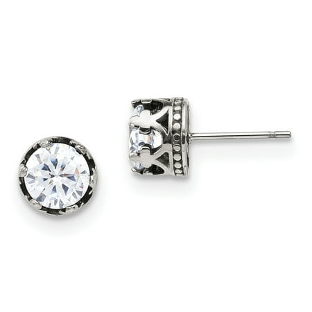 Primal Steel Stainless Steel Antiqued and Polished Crown w/CZ Post Earrings