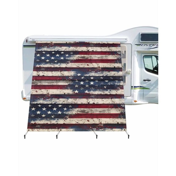 4th of July RV Awning Sun Shade Screen 9'X7' Vintage American Flag Mesh Sunscreen Patriotic Red White Blue Stripes Awning Shade Screen with Zipper UV Blocker Completed Kits for RV Motorhome Camper