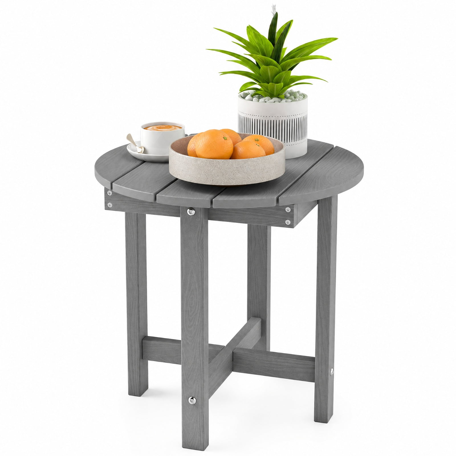 Biotree 18 Inch Outdoor Adirondack Side Table, Weather-Resistant HIPS Slatted End Table with X-Frame Base for Backyard Deck Poolside, Gray