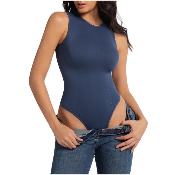 HaiMao Women's Bodysuit Fit Body Suits Women Clothing, Sleeveless Crew Neck Tank Tops with Snap Closure Blue XXXL
