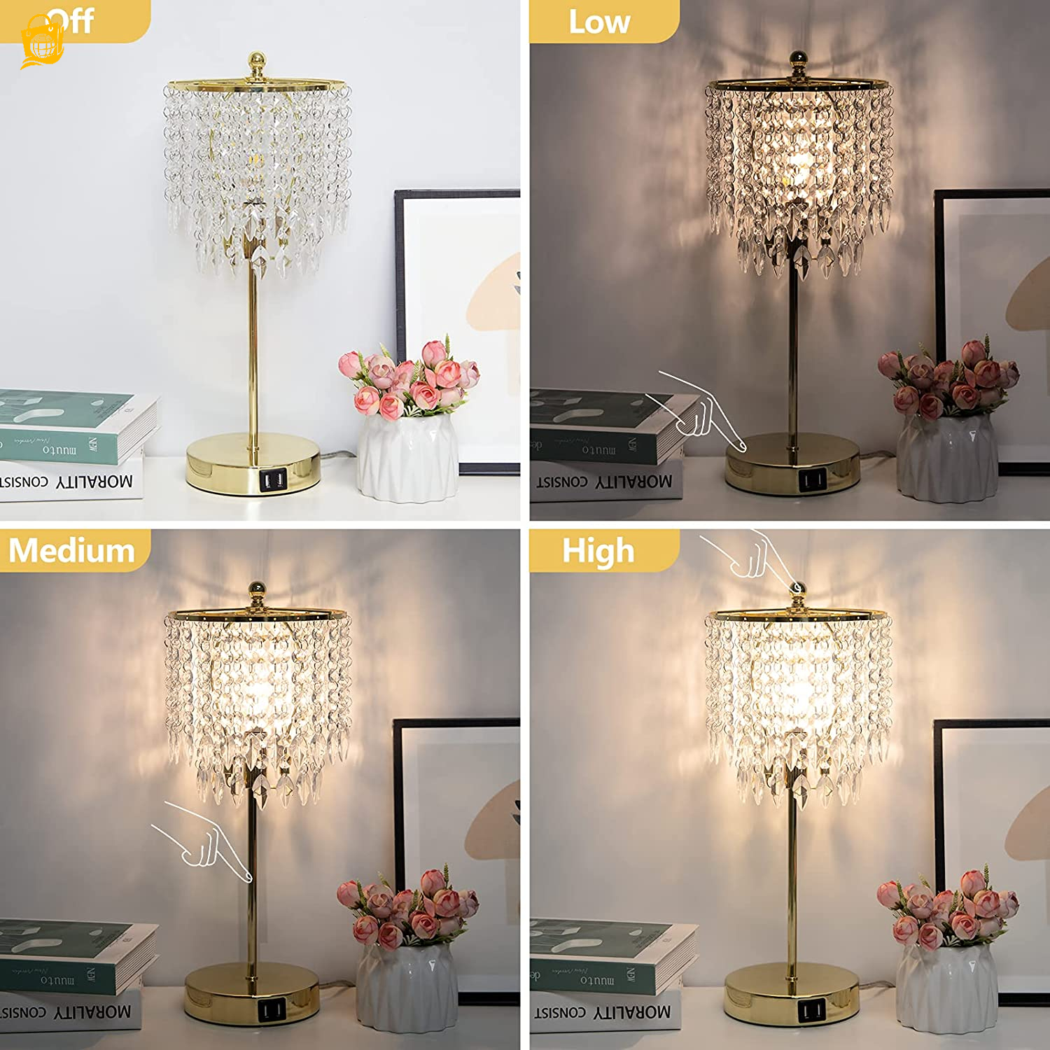 Crystal Table Lamp Set of 2 3Way Dimmable Nightstand Lamp with 2 USB