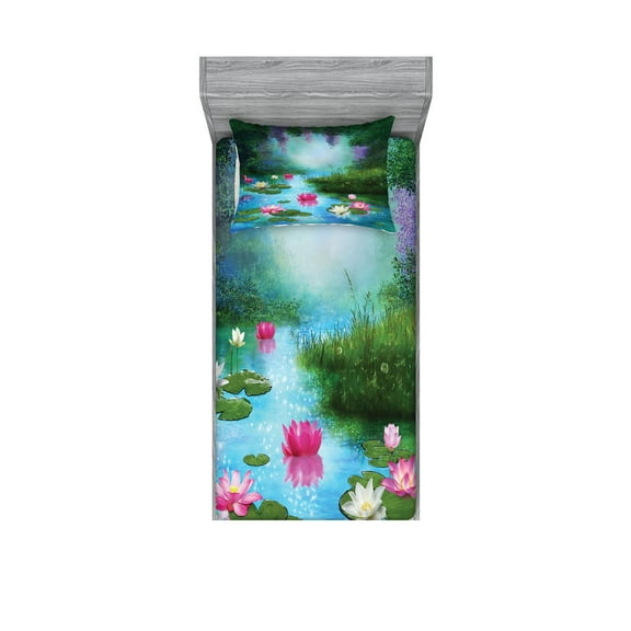 Ambesonne Nature Fitted Sheet & Pillow Sham Set, Fantasy Pond Water Lily, Twin, Aqua Pink Green