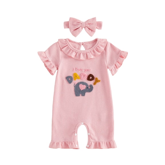 BemeyourBBs Newborn Baby Summer Clothes Baby Girl Fathers Day Outfit I Love You Daddy Letters Elephant Short Sleeve Ruffled Romper Jumpsuit and Bow Headband 2 Piece Set