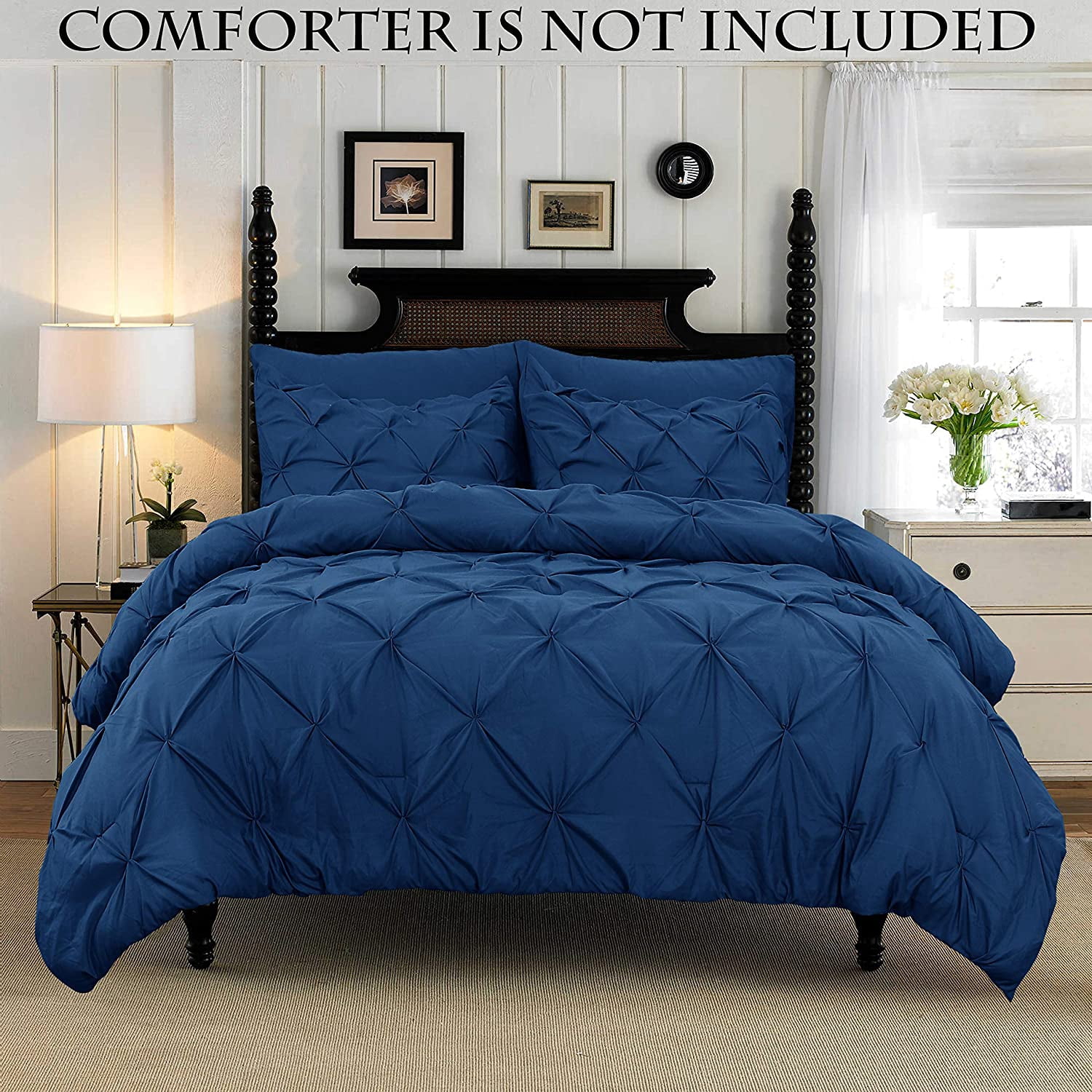 Mocassi Pintuck 2-Piece Duvet Set, Pinch Pleat Design, Button Closure and Corner Ties for Easy Placement, Matching Sham Included, Twin/Twin XL, Navy Blue