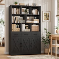 Hiphuta 71" Tall Bookcase with 3 Drawers and Doors, 43" Wide Farmhouse Bookcase with 8 Open Compartments for Office Living Room, Black