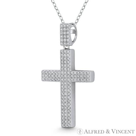Latin Cross Cubic Zirconia CZ Crystal Pave 39x20mm (1.5x0.8in) Christian Pendant & Chain Necklace in .925 Sterling Silver w/ Rhodium