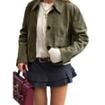 thumbnail image 2 of Chaqueta Informal de Larga con Solapa y Botones para Mujer, Color Liso, Abrigo Corto, Camisa Vintage con Botones. Verde L, 2 of 8