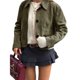 thumbnail image 2 of Chaqueta Informal de Larga con Solapa y Botones para Mujer, Color Liso, Abrigo Corto, Camisa Vintage con Botones. Verde S, 2 of 8