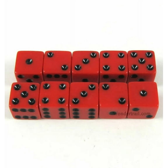 Red Opaque Dice with Black Pips D6 16mm (5/8) Set of 10 Koplow Games