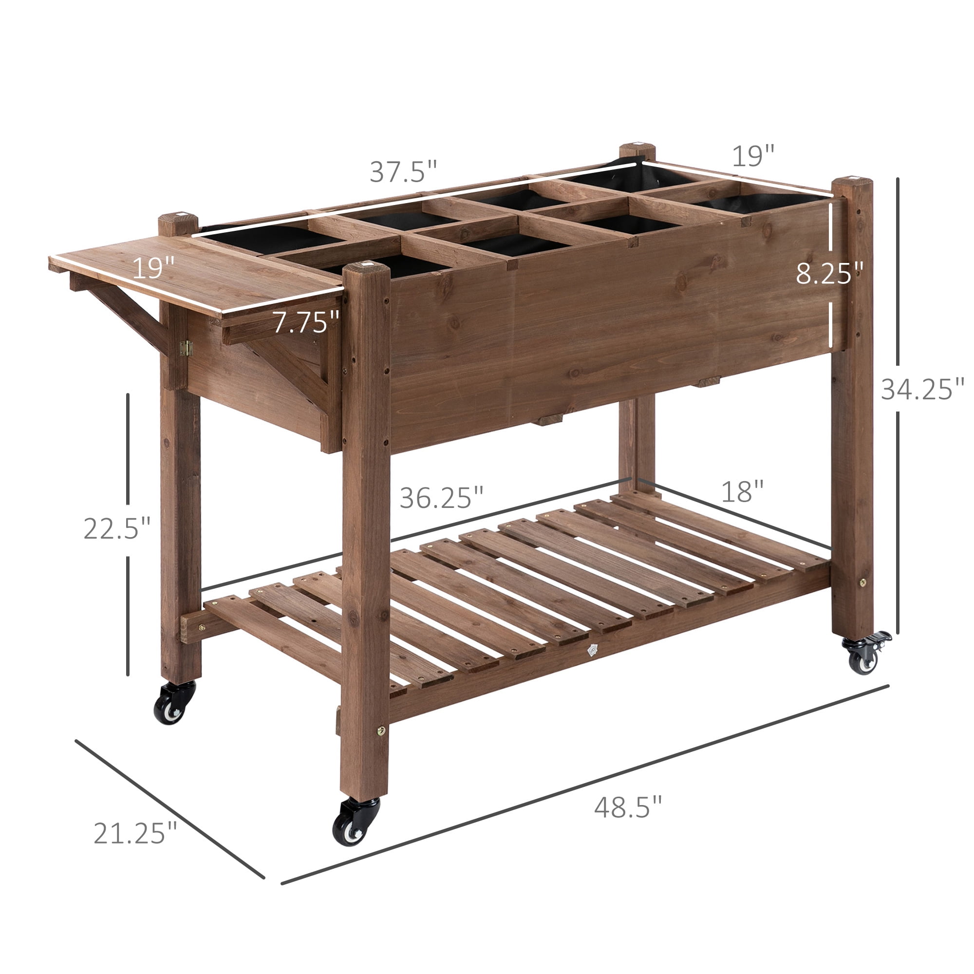 Raised Garden Bed with 8 Grow Grids, Wooden Outdoor Plant Box Stand with Folding Side Table and Wheels, for Vegetables, Flowers, Herbs, Brown