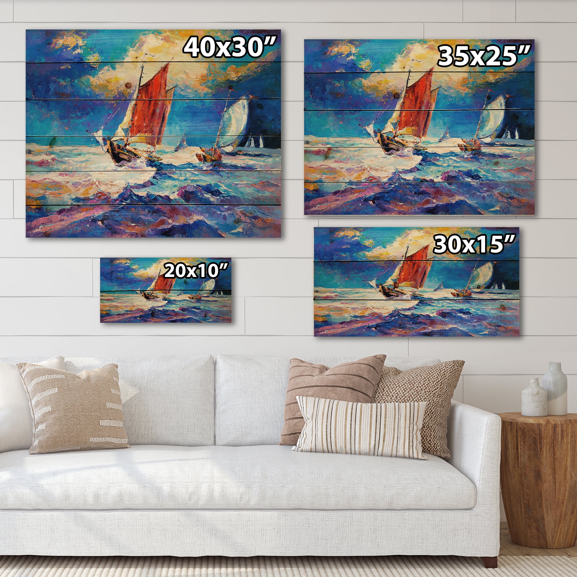 Designart 'Sailships On The Ocean Waves During Evening' Nautical & Coastal Print on Natural Pine Wood