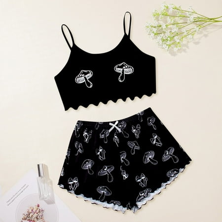 

ZHIYU Women Printing Sleepwear Set Pajamas Sleeveless Cami Shorts Lingerie Slim Sleepwear Set