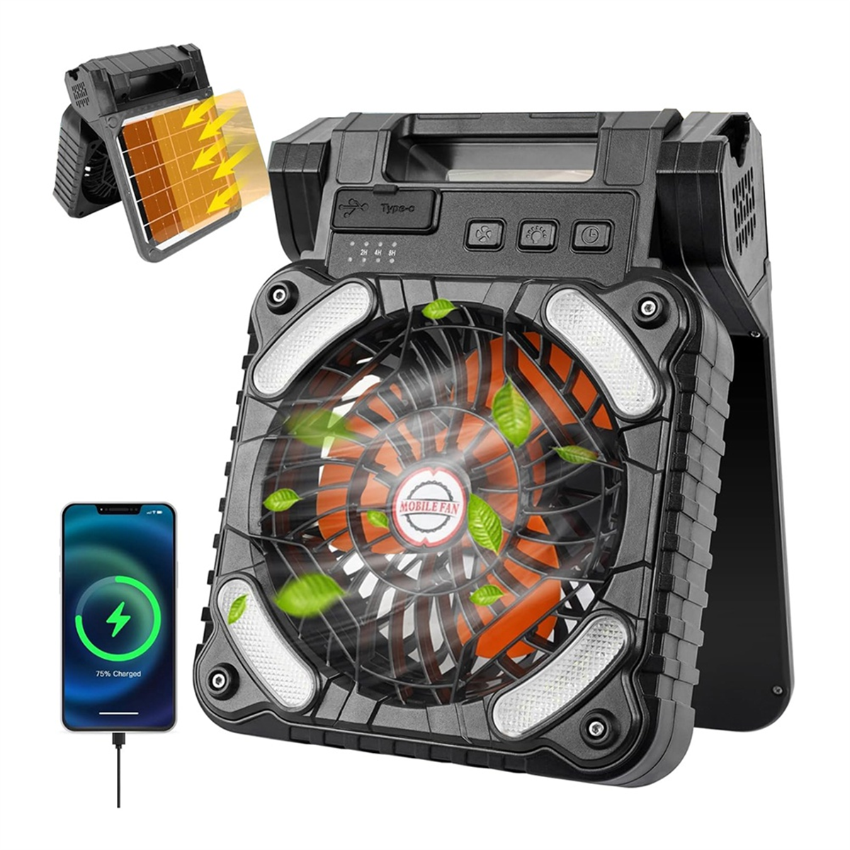 Solar Powered Fan Camping with LED Light, Portable Camping Fan with Solar Panel, Rechargeable Tent Camp Fan
