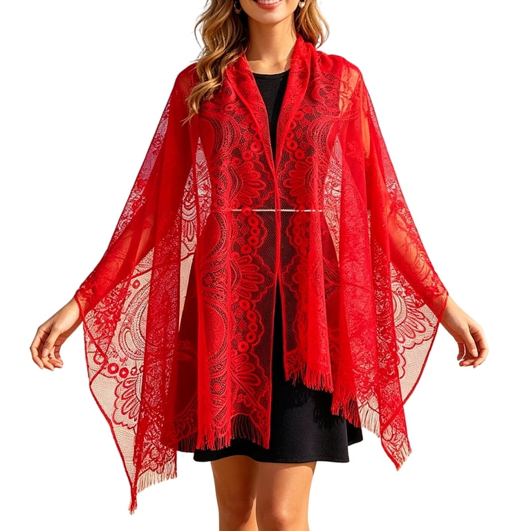 red dress black shawl Lumtrix Women's Lace Floral Shawls and Wraps for Evening Dresses Wedding Fringe Lace Scarf Chapel One Size SCHL007527_DER_M Long Backless Dress Color:Burnt Orange Wear it as a
