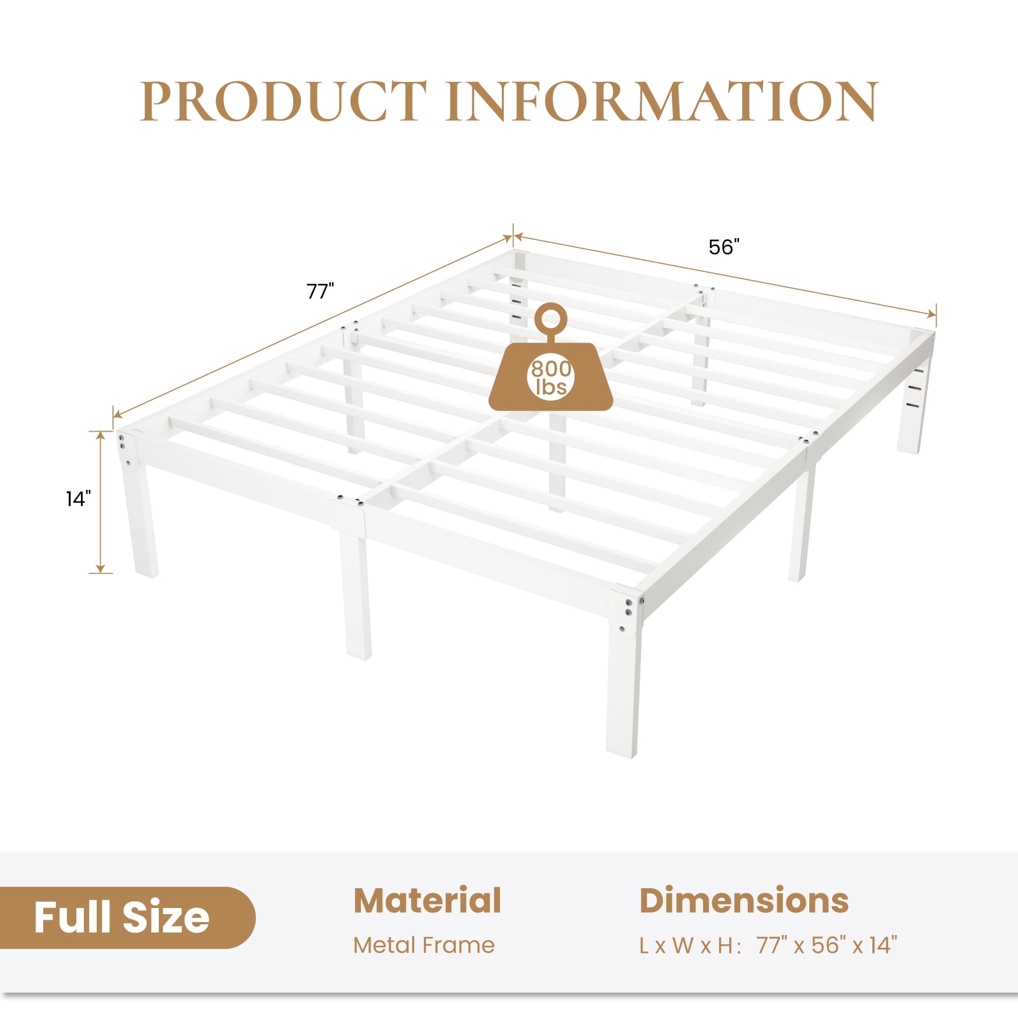 Merrland 14" Full Bed Frame, Metal Platform Bed with Under-bed Storage, No Box Spring Needed, Easy Assembly, White