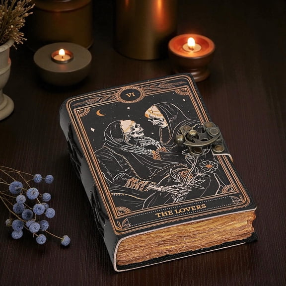 Handmade Leather Journal with Tarot “The Lovers” Design – 5x7 inch Vintage Notebook, 200 Deckle Edge Pages, Antique Lock, Premium Gift Diary