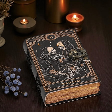 Handmade Leather Journal with Tarot “The Lovers” Design – 5x7 inch Vintage Notebook, 200 Deckle Edge Pages, Antique Lock, Premium Gift Diary