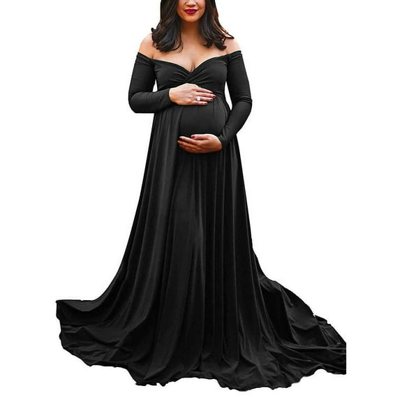 LRJTENG Womens Maternity Off Shoulders Long Sleeve Photography Pregnants Dress Solid Princess Dress Photo Props Dress
