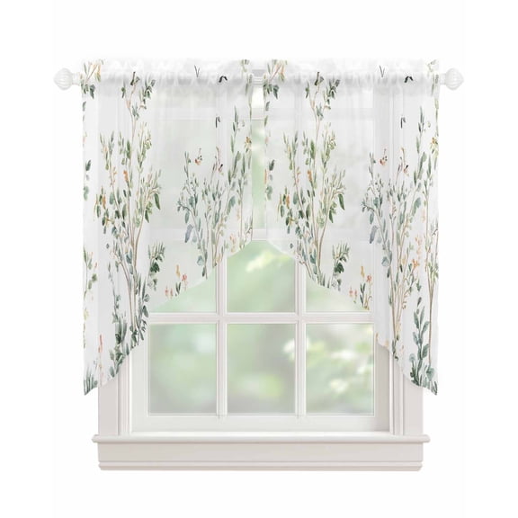 Sage Green Trees Swag Valances for Windows, Green Eucalyptus Leaves Rod Pocket Sheer Valances for Large Windows, Swag Toppers Light Filtering for Kitchen Living Room 2 Panels 36''x45''