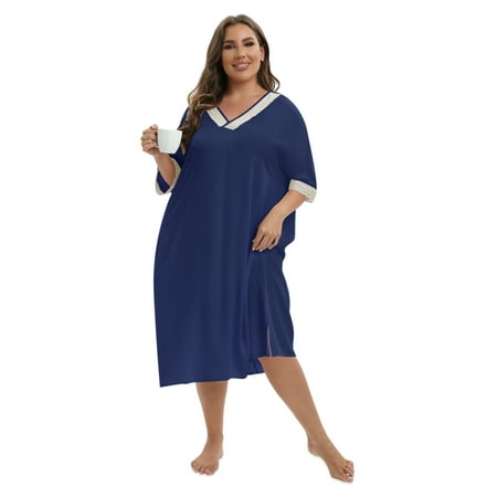 

Baywell Women Nightgowns V-neck Short Sleeve Loungewear Soft Lace Night Shirts Sleepwear Loose Plus Size Sleep Dress Blue XL-5XL