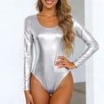 thumbnail image 5 of larppty Women's Shiny Metallic U Neck Long Sleeves Gymnastics Ballet Dance Leotard Bodysuit（Silver， M）, 5 of 9