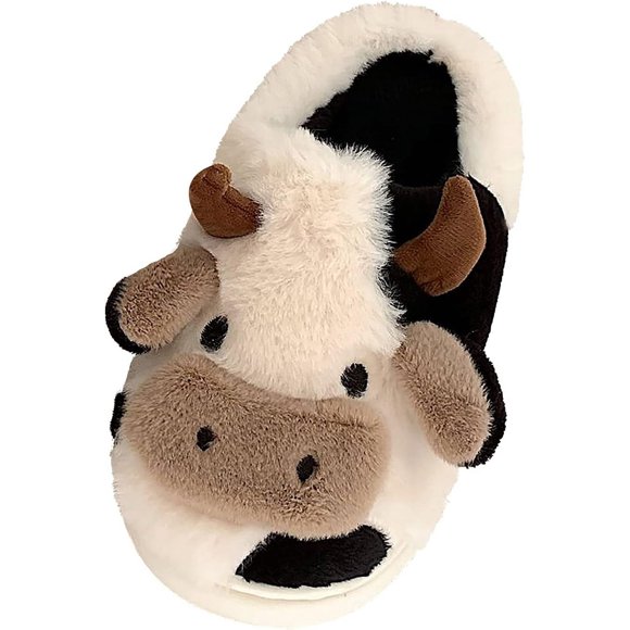 Cartoon Animal Warm Fleece Women's House Slippers - Ladies Girls Cute Fluffy Cow Horns Non-Slip Slip-on Bedroom Winter Fuzzy Plush Memory Foam Cozy Home Indoor Outdoor Shoes