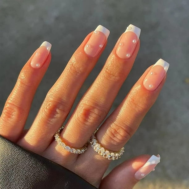 White French Press on Nails Medium Square Pearl Fake Nails Glossy Nude Glue  on Nails Squoval False Nails Acrylic Nails for Women and Girls 