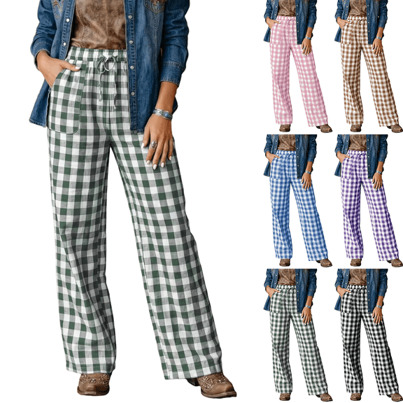 KDDYLITQ Teacher Pants Elastic Waisted Drawstring Wide Leg Gingham Lounge Pants Plaid Fall Trendy Palazzo Y2k Fashion Bottoms with Pockets Green XL