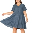 thumbnail image 2 of Women's Plus Size Denim Dress Tiered V Neck Short Sleeve Midi Chambray Dresses Grey Black 2X, 2 of 6