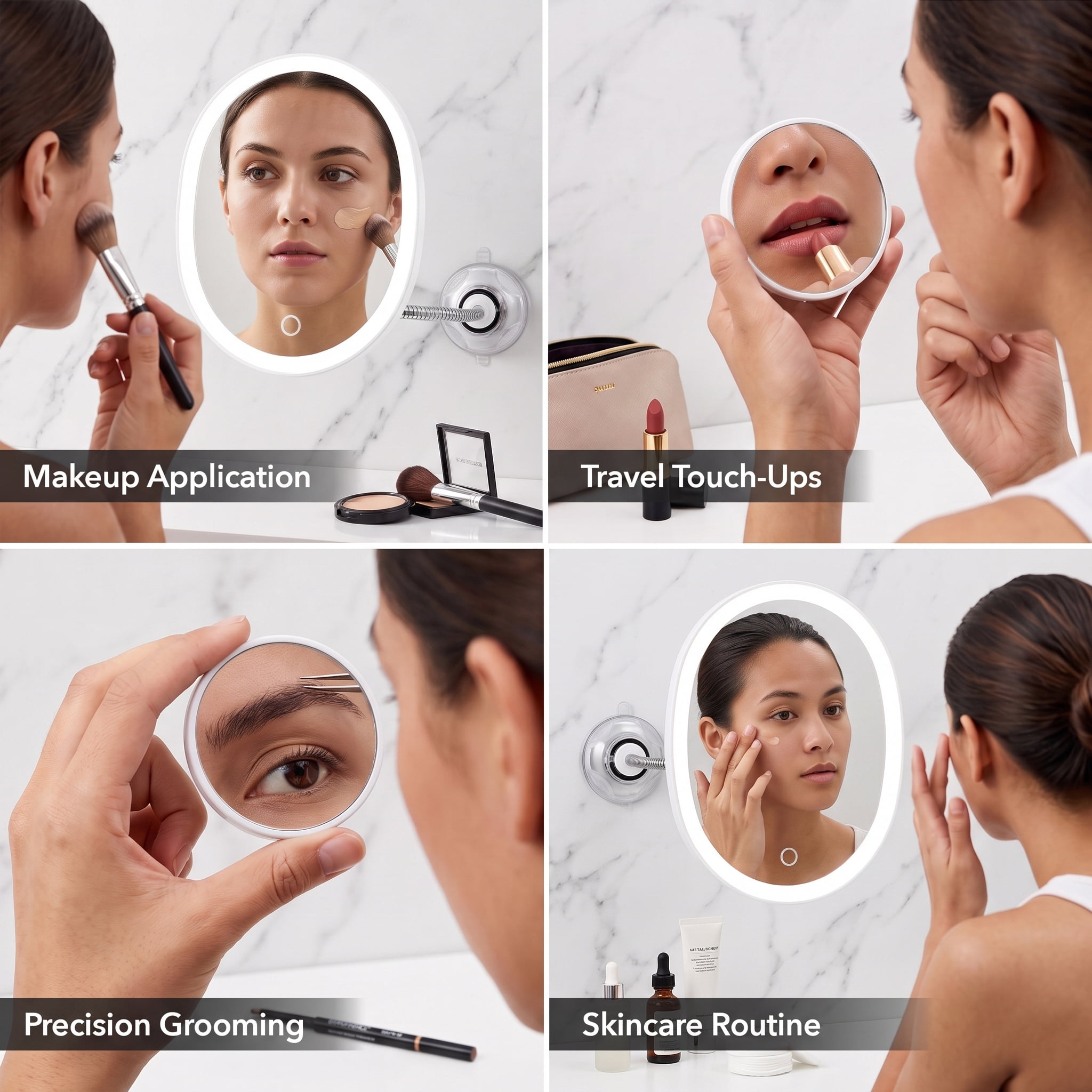 OVENTE 9'' Rechargeable Lighted Wall Mount Makeup Mirror for Bathroom with Mini Magnetic 10X Magnifying Mirror, Touch Screen Dimmable LED Lights, Flexible Gooseneck and Suction Mounting, White MOW22W