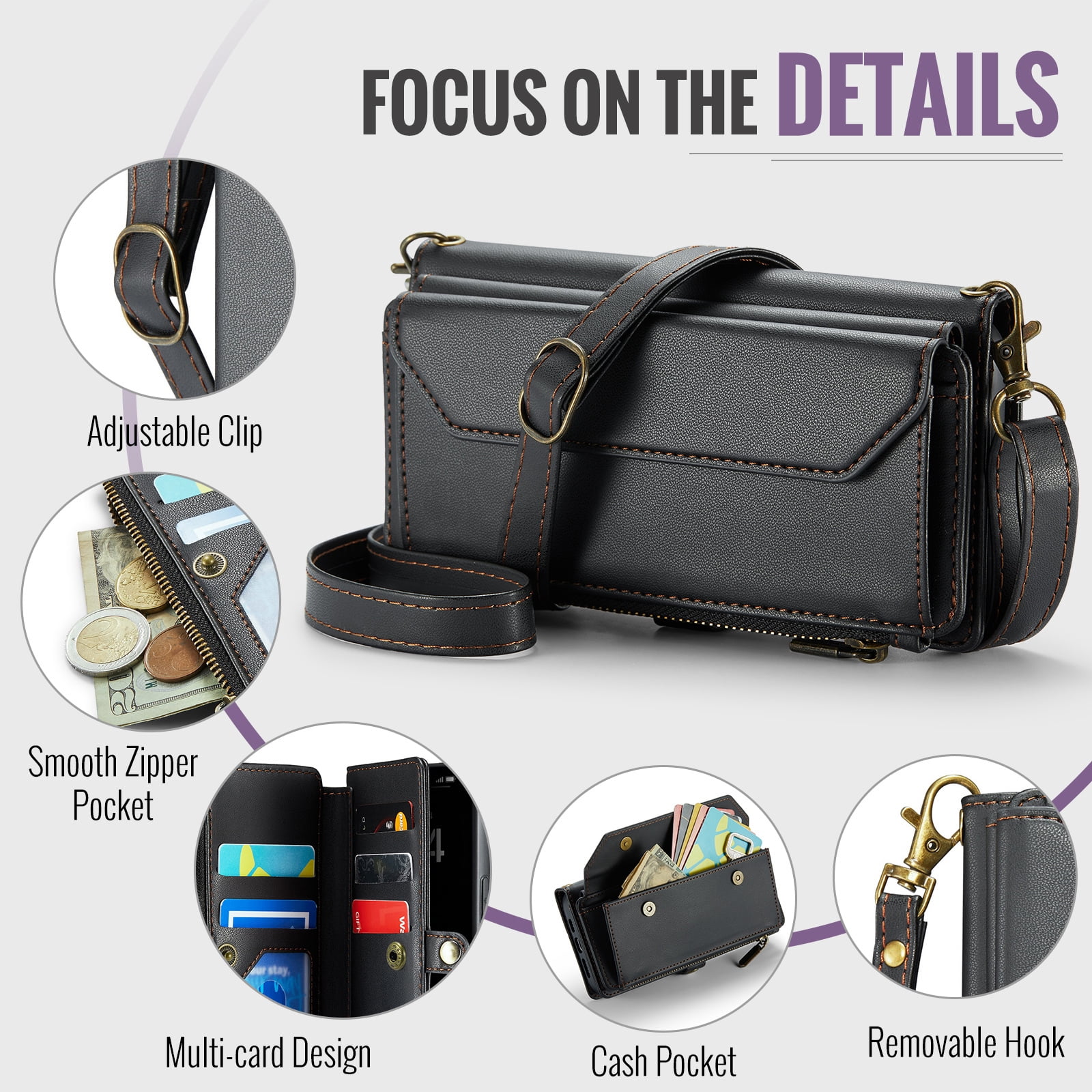 Asuwish Compatible with iPhone 17 6.3 inch Zipper Wallet Phone Case Tempered Glass Screen Protector Crossbody Lanyard Strap Flip Card Holder Slot Cell Cover for i Phone17 i17 17Case Women Girls Black