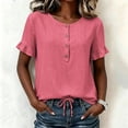 thumbnail image 2 of ClodeEU Women's Crew Neck Short Sleeve Henley Blouse,Casual Solid Color Linen Blend Top Hot Pink,Women's Plus L, 2 of 8