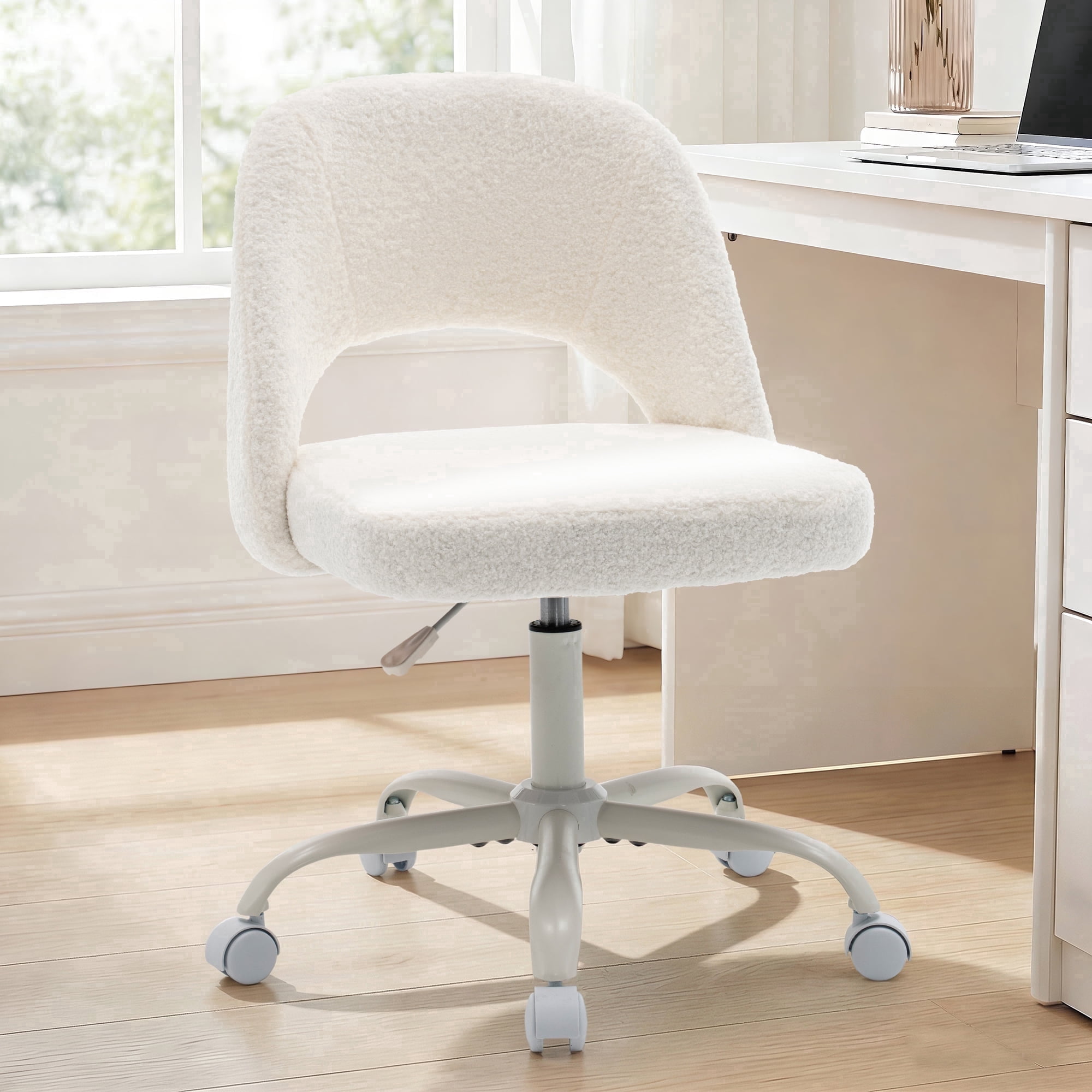 ENYLAY White Fluffy Teddy Fleece Vanity Chair, Height Adjustable 360° Swivel Rolling Desk Chair, Ergonomic Upholstered Makeup Chair, Modern Cute Accent Chair for Bedroom Home Office Vanity Room