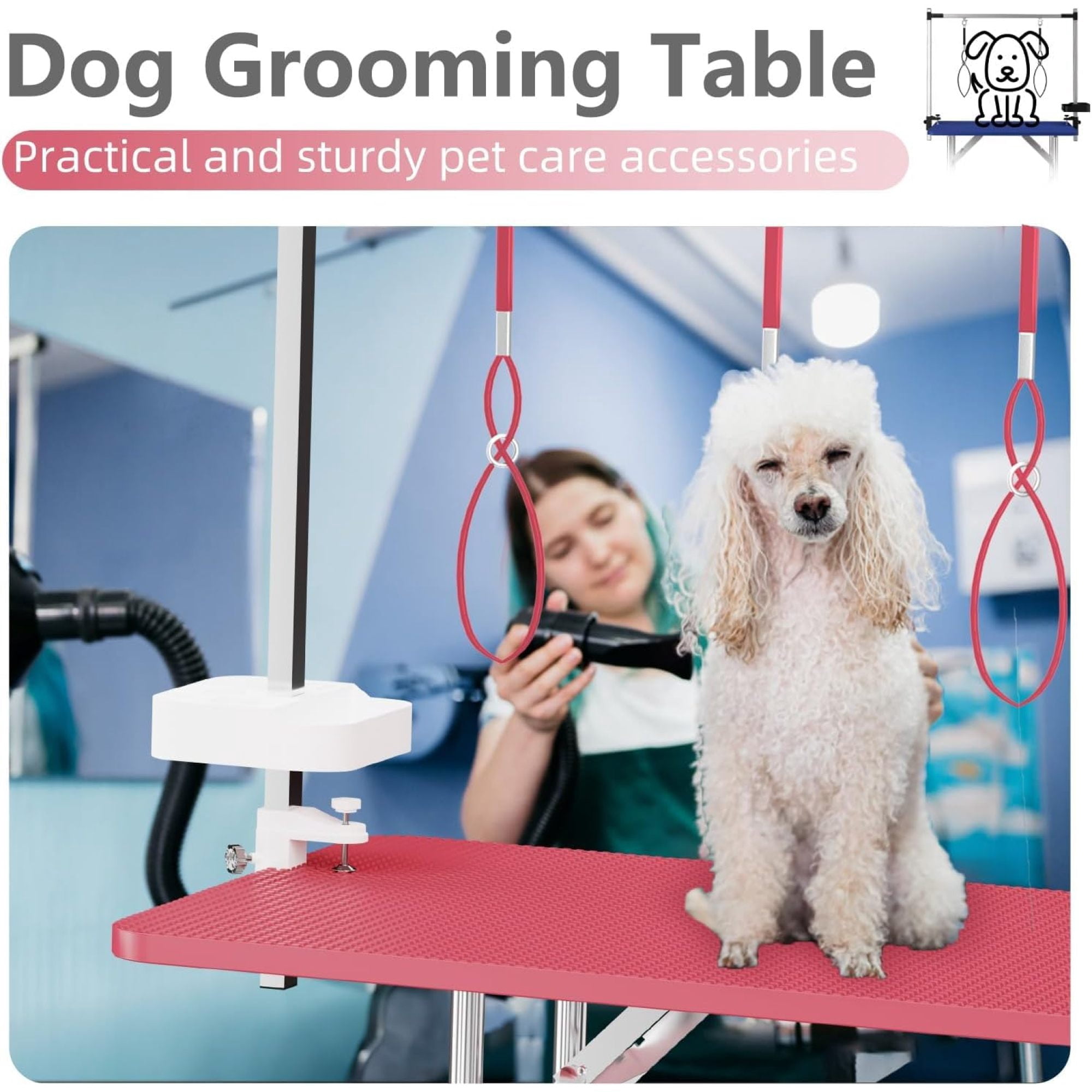 Leumius 47Inch Pink Pet Grooming Table, Stainless Steel Foldable Grooming Table for Dogs at Home Adjustable Height Arms Pet Station with Nooses, Mesh Tray, Tool Organizer