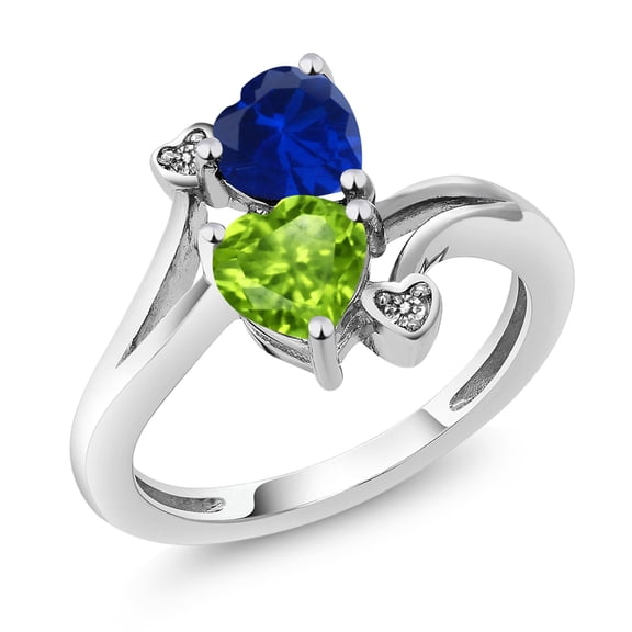 Gem Stone King 1.66 Ct Heart Shape Green Peridot Blue Created Sapphire 10K White Gold Diamond Accent Ring