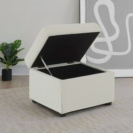 24" Upholstered Hydraulic Lift Top Ottoman with Hidden Storage and Beige Fabric