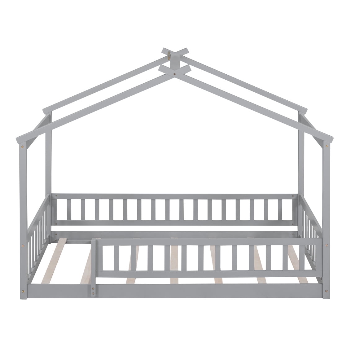 Twin Size House Floor Bed with Roof, Wooden Montessori Floor Bed Frame with Safety Fence and Wooden Slats, Montessori House Floor Bed for Boys and Girls, Gray