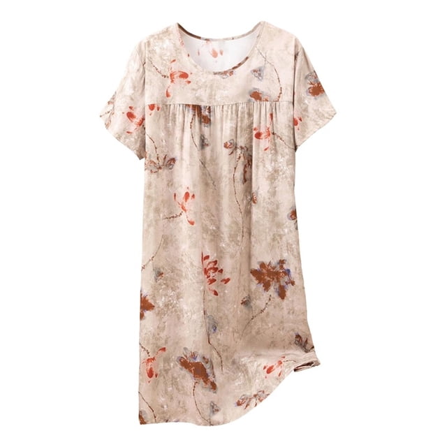 Chemise de Nuit pour Femmes, Manches Courtes à Col Rond Imprimé, Robe d'Allaitement, Rayonne Spandex Douce, Robe de Détente Longueur Genou