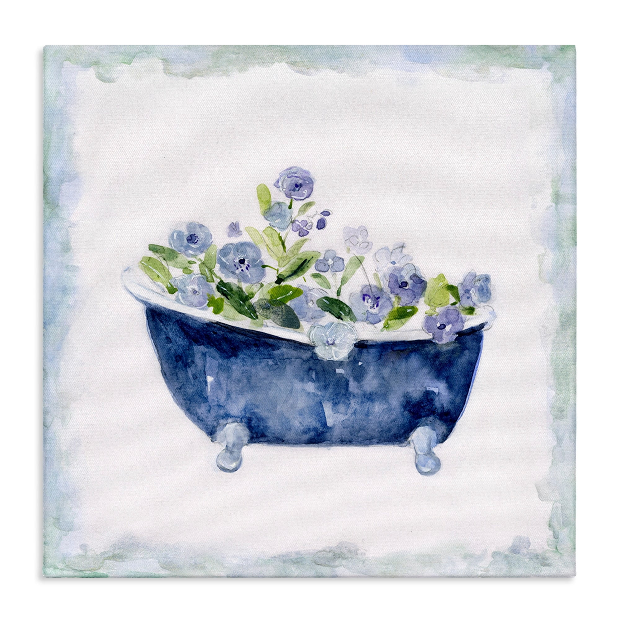 Stupell Industries Charming Blue Bathtub Botanical Floral Design Watercolor Border Gallery-Wrapped Canvas Print Wall Art, 30x30, by Sally Swatland