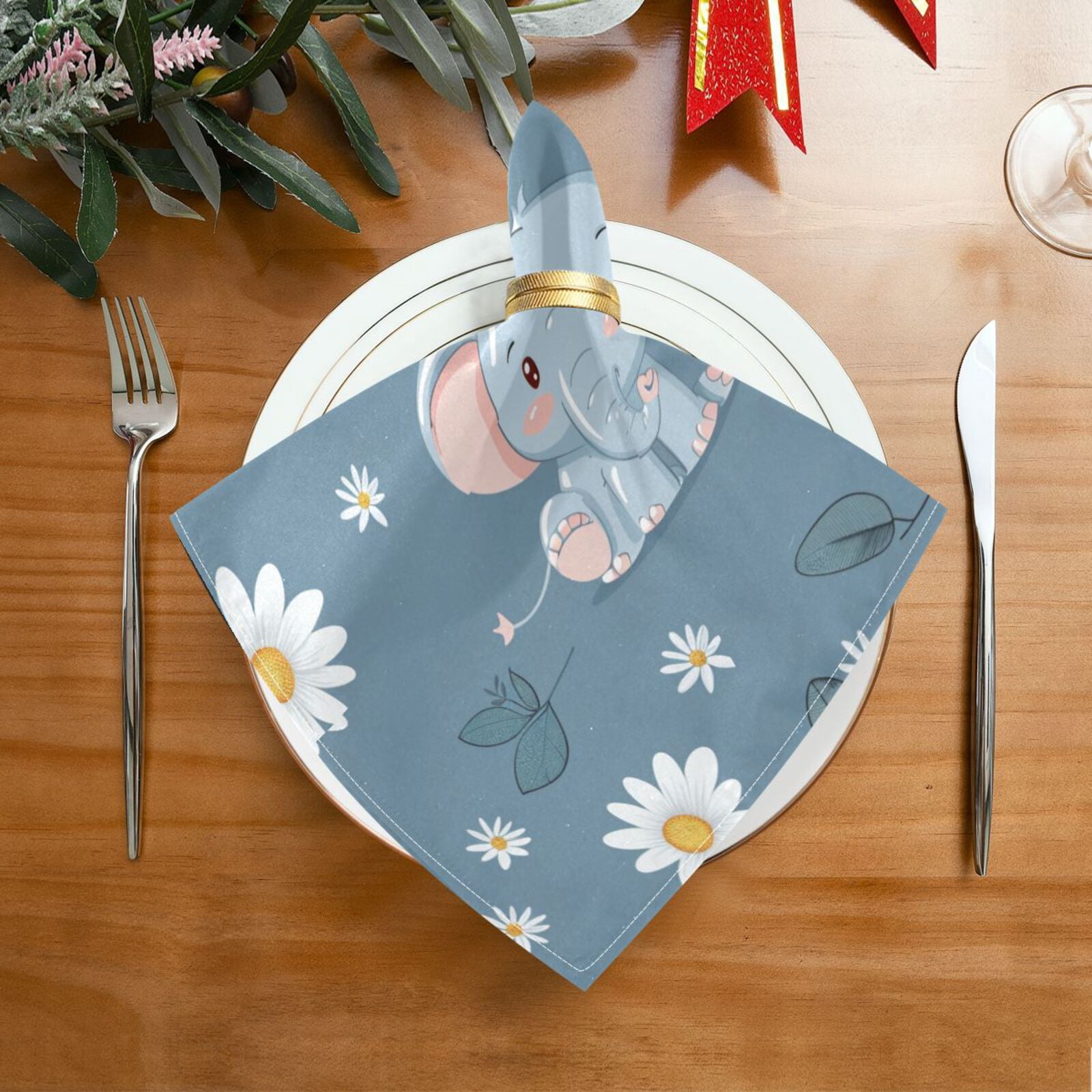 JSTEL Cute Elephant Daisy Flower Cloth Napkins Set of 6, 20x20 Inch Washable and Reusable Napkin for Decoupage Dinner Party Everyday Use