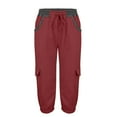 thumbnail image 3 of Red Cargo Pants Women's Color Blocking Elastic Waist Multi Pocket Loose Work Casual Pants, 3 of 6