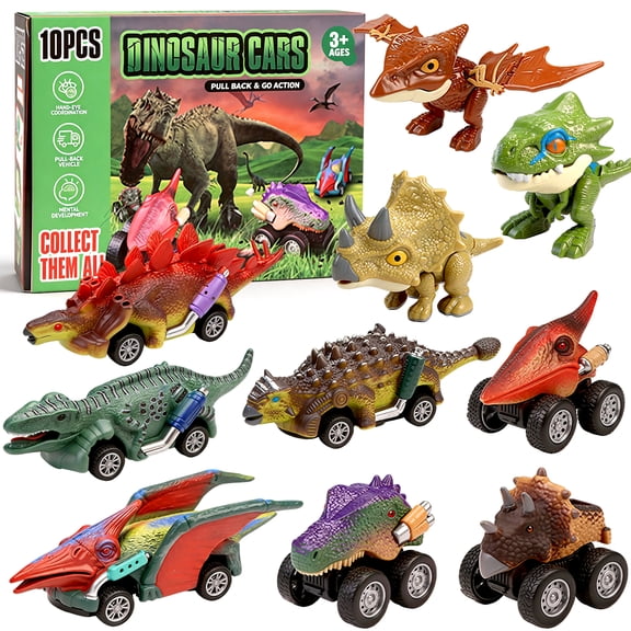 Chuvikid Dinosaur Toy Pull Back Cars,10 PCS Dinosaur Games with T-Rex Dinosaur Toy Cars Gift for Boys Girls Ages 3-8