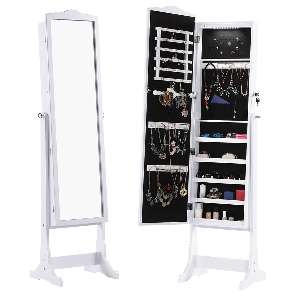 Bracelets Broaches White Finish Earrings LANGRIA Free Standing Lockable Full Length Mirrored Jewellery Cabinet Armoire with 4 Angle Adjustable Organizer Storage for Rings 
