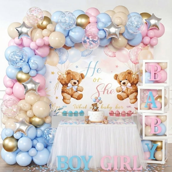 Gender Reveal Decorations - Bear Backdrop Pink Blue Balloon Garland Kit, 4pcs Baby Box With Letters for Baby Shower, Boy or Girl Party Supplies